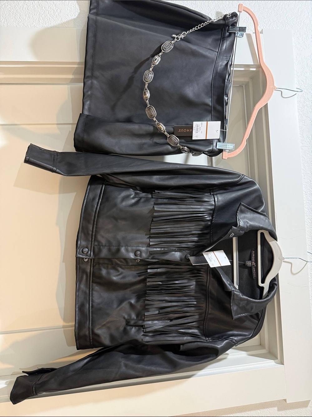 Almost Famous Black Faux Leather skirt with Decorative Silver Chain and jacket